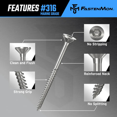Features of Marine Grade 316 Stainless Steel Deck Screws For Outdoor Wood Projects with focus on reinforced neck and strong grip
