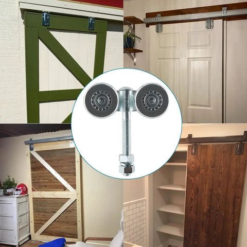 Box Rail Hanger Set 2 Pack With Double Wheel Rail Trolleys For Sliding Barn Doors Total Load Capacity 441 Lbs Zinc Coated Steel For Rust Resistance Smooth Quiet Operation And Durable Barn Door Hardware installed on various barn doors