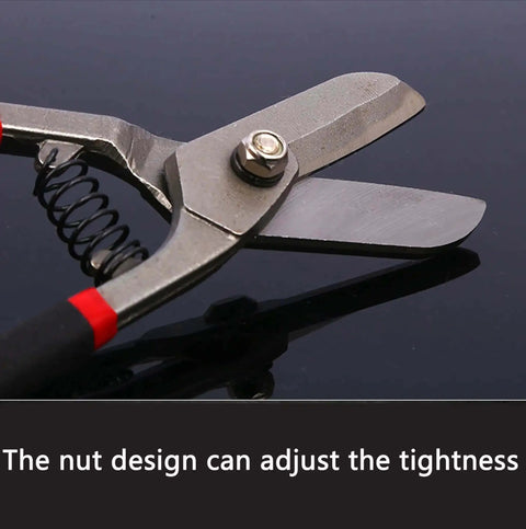 Heavy Duty Tin Snips for straight metal sheet cutting, 10.5-inch CRV steel shears with adjustable nut design on black background