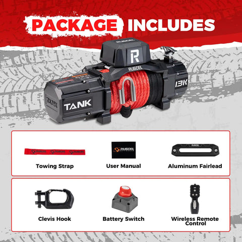 Beast Heavy Duty 13500lb Waterproof Electric Winch With Synthetic Rope For Trucks And SUVs, 12V System, Hawse Fairlead, 2 In 1 Infrared Remote And Wired Control, Red Rope RUGCEL package components including winch, towing strap, clevis hook, manual, and remote.