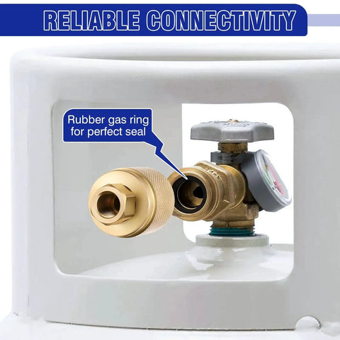 Forklift Propane Tank Connector 1-1/4 Inlet To 1/4 NPT Outlet 4 O Rings 2 Pack installed on tank