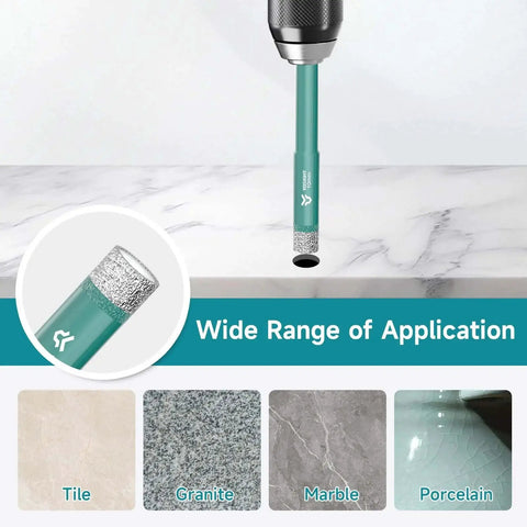 Three Eighths Inch Diamond Hole Saw for Tile and Glass Round Shank Core Drill Bit for cordless drill on marble surface
