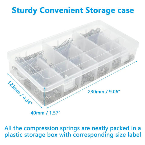 Stainless Steel Compression Springs Assortment Kit With 240 Pieces In 15 Different Sizes, in clear storage box with labels.