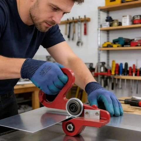 Man using Pro-Grade Dual-Wheel Slitter Tool for Metal, Vinyl and Cardboard, making burr-free cuts on a metal sheet.