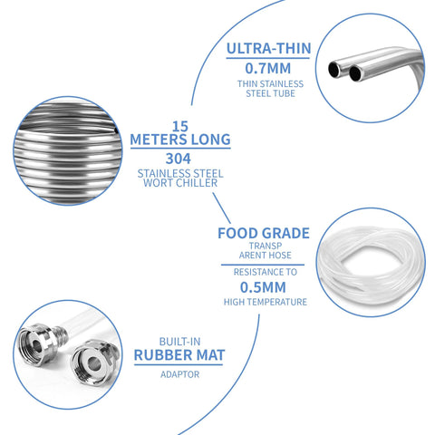 Wort chiller coil, 1/2 in x 50 ft, 304 stainless steel tubing; 0.7mm wall; food-grade hose, rubber mat adaptor.