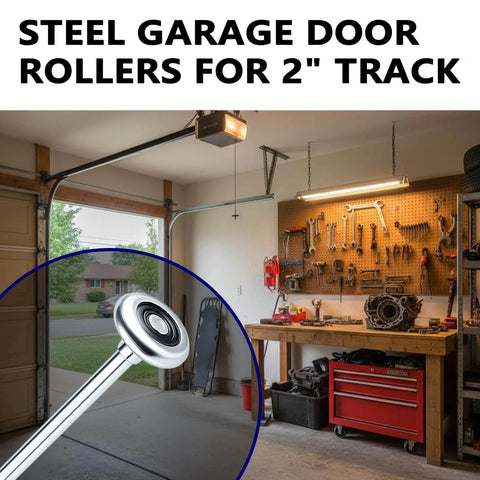 Close-up of Ten Pack Nine-Inch Long Stem Steel Garage Door Rollers, Commercial Grade Heavy-Duty Replacement for Two-Inch Track.