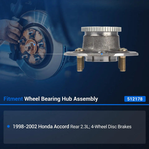 Rear Wheel Hub And Bearing Assembly 512178 For Honda Accord 1998 1999 2000 2001 2002 2.3L With ABS Four Lug Flange Diameter 5.98 Inches Bolt Circle 4.5 Inches Replacement Part Ready To Roll shown in side view with installation context.