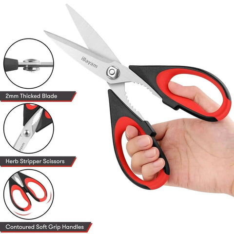 Heavy Duty Kitchen Scissors Set Eight And A Half Inch Two Pack Stainless Steel Shears for Meat Poultry Food Prep with red grip