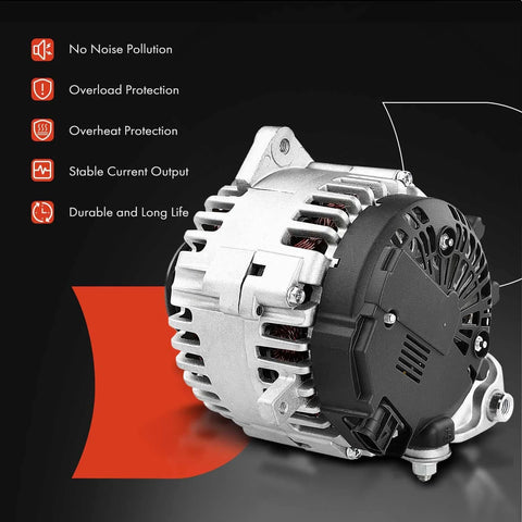 Beefed-Up 130A 12V Alternator For Nissan Frontier Armada Pathfinder Titan Xterra Suzuki Equator And Infiniti QX56 2007-2019 4.0L 5.6L With CW 7 Groove Pulley shown from side angle with protective features listed.
