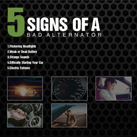 Signs of a bad alternator with images of flickering headlights, speedometer, frustrated driver, starting key, and open hood