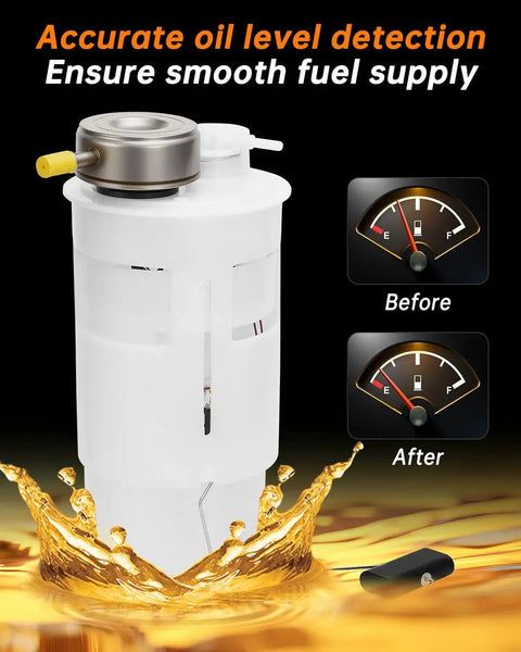 Electric Fuel Pump Module Assembly For Dodge Ram 1500 2500 3500 With 3.9L V6 5.2L V8 5.9L V8 And 8.0L V10 Engines Replacement E7138M SP7138M Direct Fit High Quality Performance For Reliable Fuel Delivery Under Heavy Use, depicted with fuel gauges indicating before and after performance.