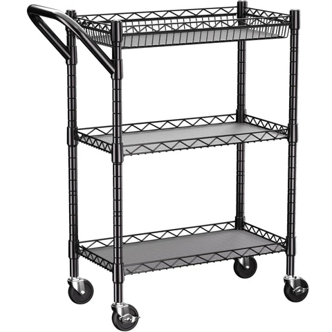 Three Tier Heavy Duty Rolling Utility Cart With Industrial Metal Frame And Handle Bar 18 In Deep By 23.8 In Wide By 36.6 In High Includes Shelf Liner