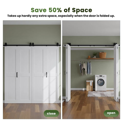 Space Saving Bi Fold Barn Door Kit 64 by 84 Inches White With Hardware Included Sliding Closet Doors Installed Open and Close View