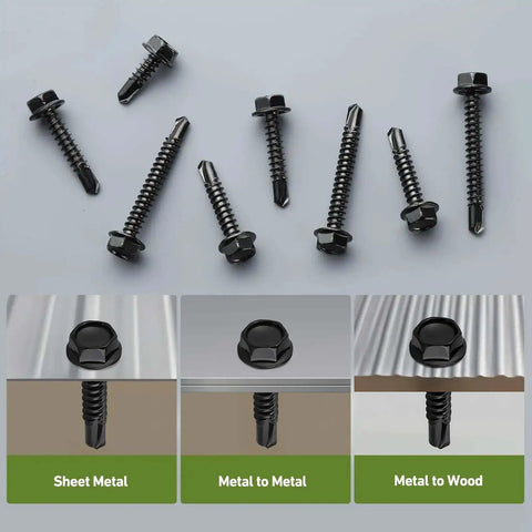 Black Zinc Stainless Self Tapping Screws Set, 121 Piece, 410 Stainless, Self Drilling For Metal shown with application examples.