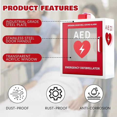 AED Defibrillator Cabinet Wall Mount With Alarm, Clear Window, Durable Steel, Handle, Magnetic Lock, Product Features