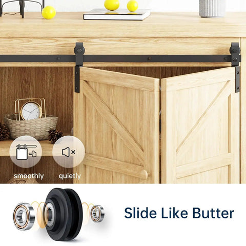 4 Ft Cabinet Bi-Folding Sliding Barn Door Hardware Track Kit For 4 Doors installed on wooden cabinet with black powder coat