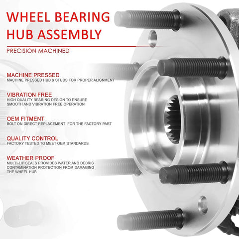 Close-up of factory style front wheel bearing hub assembly showing precision machined design and bolts on steel hub.