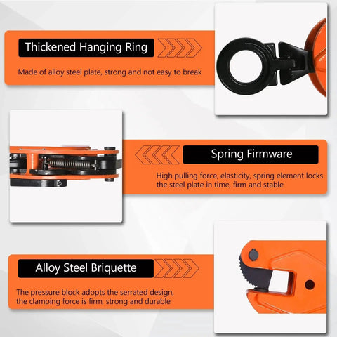 Diagram of Plate Lifting Clamp 1 Ton With Point Six Inch Jaw Opening For Steel Plates showing parts and features like hanging ring and firmware.