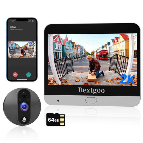 2K Video Peephole Doorbell Camera with 4.3 Inch Color Monitor and 64GB Memory Card, smart detection screen showing delivery person.