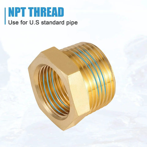 Brass NPT Reducer Bushing Three Eighth Inch Male To One Quarter Inch Female Adapter Set With Teflon Tape close-up