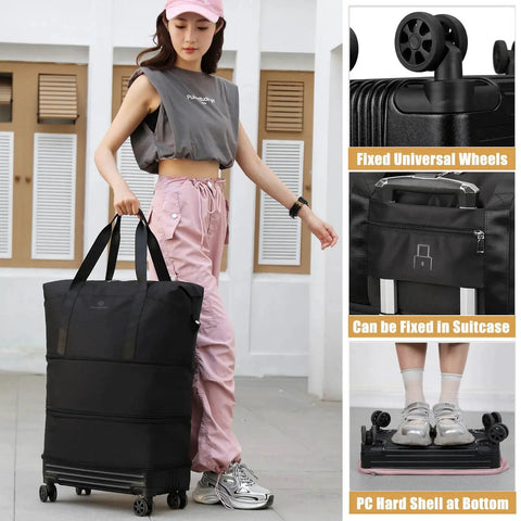 Woman carrying Durable Duffle Bag With Wheels For Travel Foldable And Expandable Large Luggage Carry On Size Waterproof Oxford Fabric