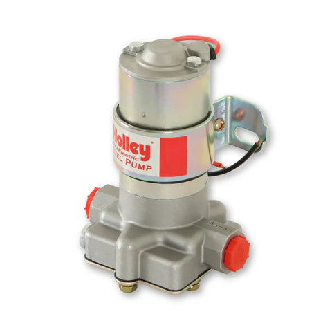 Front view of 97 GPH Red Electric Fuel Pump 12-801-1 High-Flow Performance Upgrade For Street And Track Cars, tumble polished look