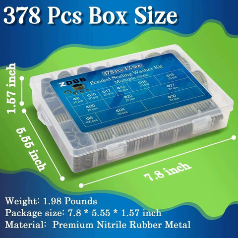 Box of Bonded Sealing Washer Kit 378 Pcs with 12 Sizes Self Centering Automotive AC Seal for DIY Engine Work, size 7.8 x 5.55 x 1.57 inches