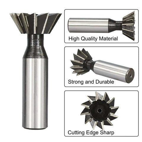 Front and side view of Beefy 10mm 60 Degree HSS Dovetail End Mill Cutter For Precision Machining 10 Flutes Round Shank High Speed Steel Dovetail Milling Tool.