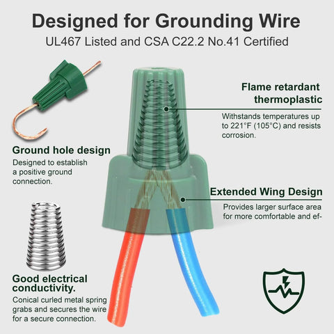 Winged Ground Wire Nuts With Hole For Easy Twist On Green Wire Caps 14-10 AWG Positive Grounding Connectors Pack Of 600