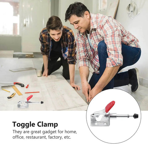 Two men assembling wood flooring using 4 Piece Quick Release Toggle Clamp Set With Push Pull Straight Line Action, shown in close-up.