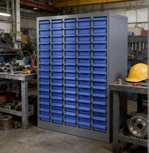 75 Drawer Bolt Bin Organizer With ABS Drawers, Industrial Parts Cabinet for Nut and Bolt Storage in a workshop setting