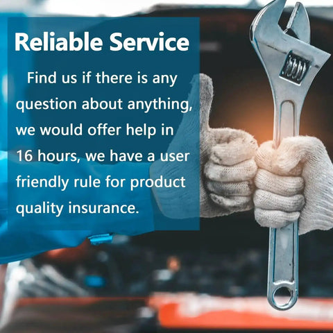 Mechanic holding wrench with text about reliable service and product quality insurance