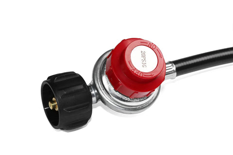 Propane regulator with hose and red 0-20 PSI adjustment knob, metal body and black hose end