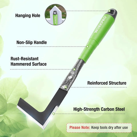 Close-up of crack weeder from Six Piece Garden Tool Set With Heavy Duty Hand Tools And Soft Rubber Handles Including Trowel Rake Cultivator Hoe Crack Weeder And Weeding Tool The Go To Gift For Gardeners And DIY Enthusiasts Who Love Lawn Care, showing green handle and carbon steel blade.