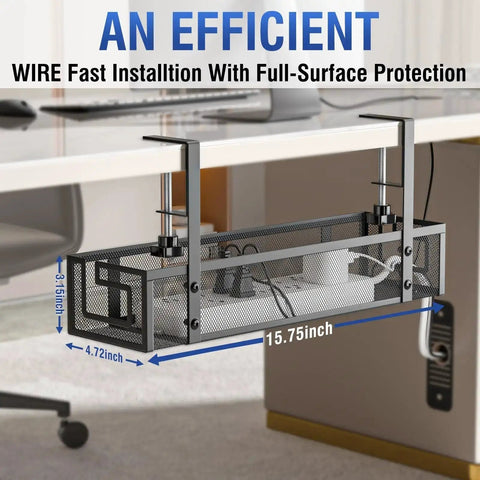 Under Desk Cable Tray With No Drill Installation, 15.75 Inch Heavy Duty Metal Cord Organizer for office desk wire management.