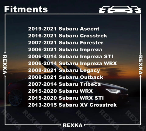 Fitment list for Rexka rocker molding push type retainer with sealer for Subaru Tribeca, Forester, Impreza, Legacy, and Outback 2006