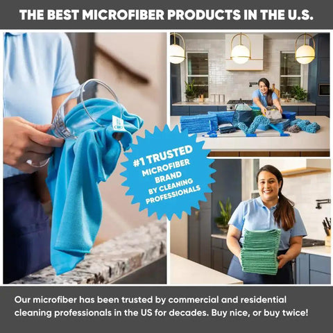 Person holding blue microfiber cloth with glass, woman stacking folded microfiber towels, award-winning cleaning product display.