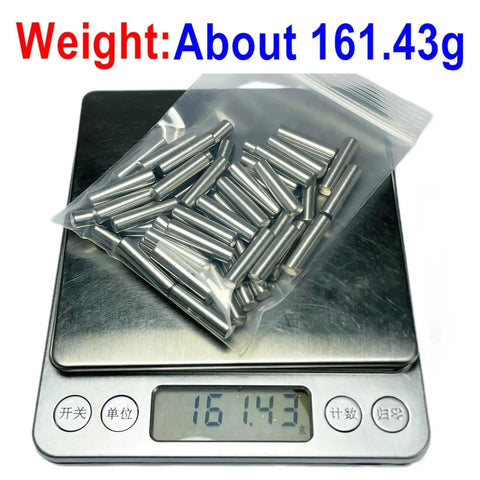 52-Piece 5mm x 20mm Dowel Pins Stainless Steel 304 Shelf Pegs for Wood Furniture and Beds M5 Pins on scale showing weight