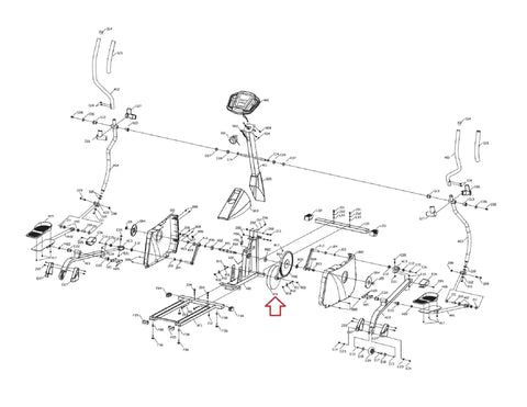 Exploded view of an elliptical trainer flywheel brake assembly with magnet eddy-current brake and internal cable mechanism.