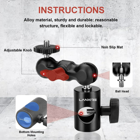 Quarter Inch Screw Mount Adapter Kit With Dual Joint Tilt for C Stand Boom Arm and Light Stand Mount Converter, features labeled
