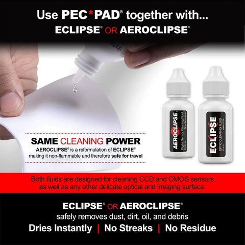 Eclipse and Aeroclipse cleaning fluid bottles with PEC PAD, used for camera lenses and CCD sensors, promoting lint-free cleaning.