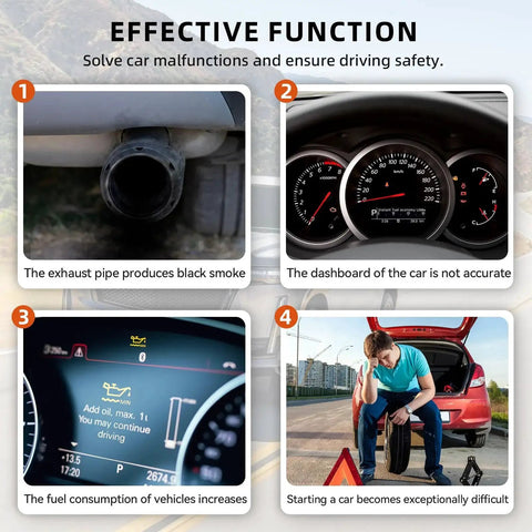 Four images showing car issues: black smoke from exhaust, inaccurate dashboard, fuel warning, and a man beside a car with punctured tire.