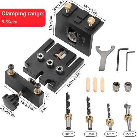 3 In 1 Dowel Jig Kit Self Centering Doweling Jig For Straight Dowel Holes With 6mm 8mm 10mm 15mm Bits laid out with accessories