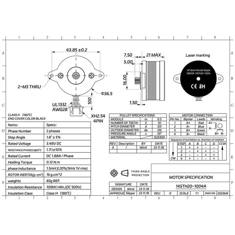 Technical diagram of Upgraded NEMA 14 36mm Pancake Stepper Motor for 3D Printer Extruder, featuring dimensions and specifications.