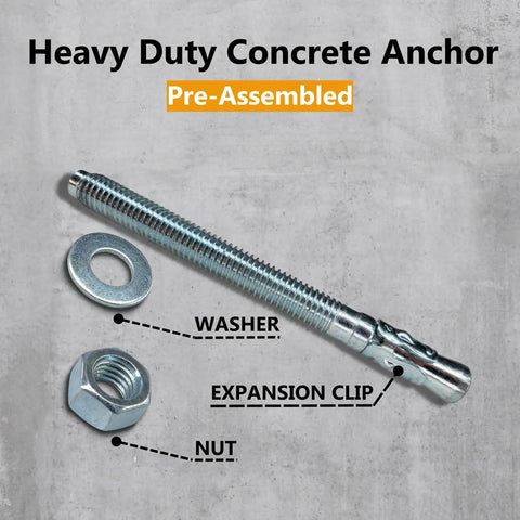Beefed-Up Wedge Anchors For Concrete And Cement Beams And Machinery Party Animals Three Eighths By Seven Inches Zinc Plated Five Piece Anchor Bolts Set For Industrial Concrete Installations with washer, nut, and expansion clip.