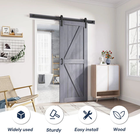 Grey Wood Barn Door Slab 30 Inch By 84 Inch With Included 60 Inch Barn Door Hardware Track Kit installed in home