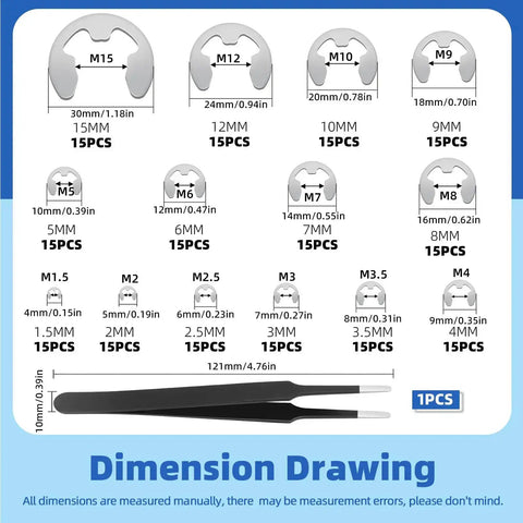 Dimension drawing of 304 Stainless Steel E Clips Retaining Rings Set, 14 Sizes From 1.5mm to 15mm, includes tweezers.