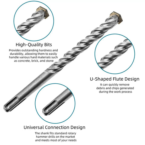 Close-up of two spiral carbide-tipped drill bits from Rotary Hammer Drill Bits And Chisel Set For Concrete And Masonry 17 Piece