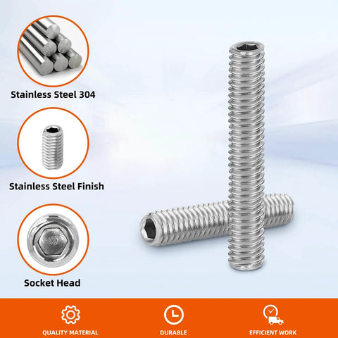 Internal Hex Socket Set Screws M3 X 6mm 304 Stainless Steel Flat Point Grub Screws 100 Pack For Auto Repair Machinery And General Hardware Projects For DIY Enthusiasts Corrosion Resistant shown with close-up on details and features.