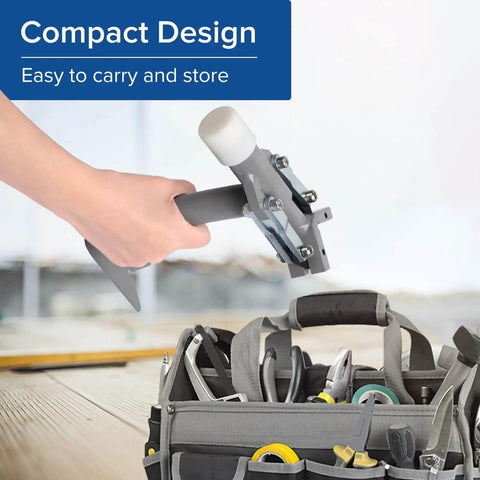 Corner Bead Tool For Drywall Installation Iron Corner Clincher Fixture And Crimper shown in hand above tool bag